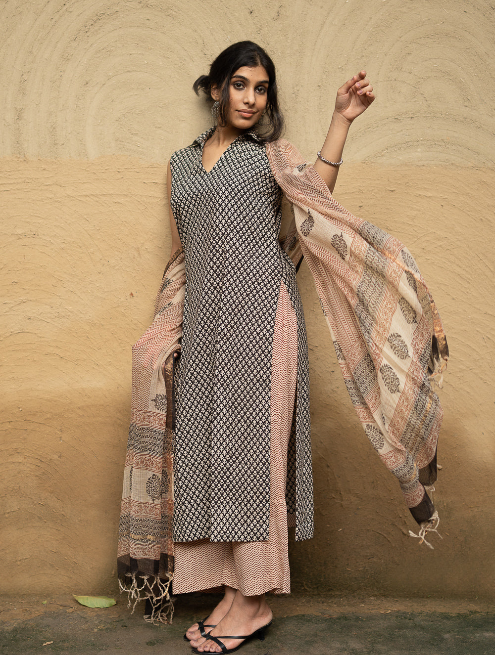 The Work Edit. Bagru Hand Block Printed Cotton Full Kurta Set - Black Buds (3 pc set)