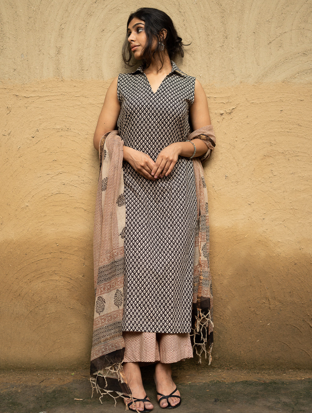 The Work Edit. Bagru Hand Block Printed Cotton Full Kurta Set - Black Buds (3 pc set)