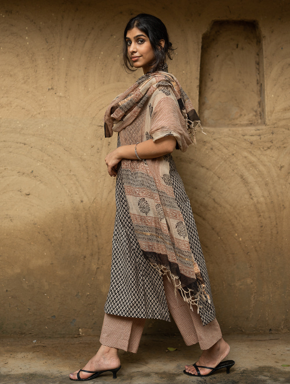 The Work Edit. Bagru Hand Block Printed Cotton Full Kurta Set - Black Buds (3 pc set)