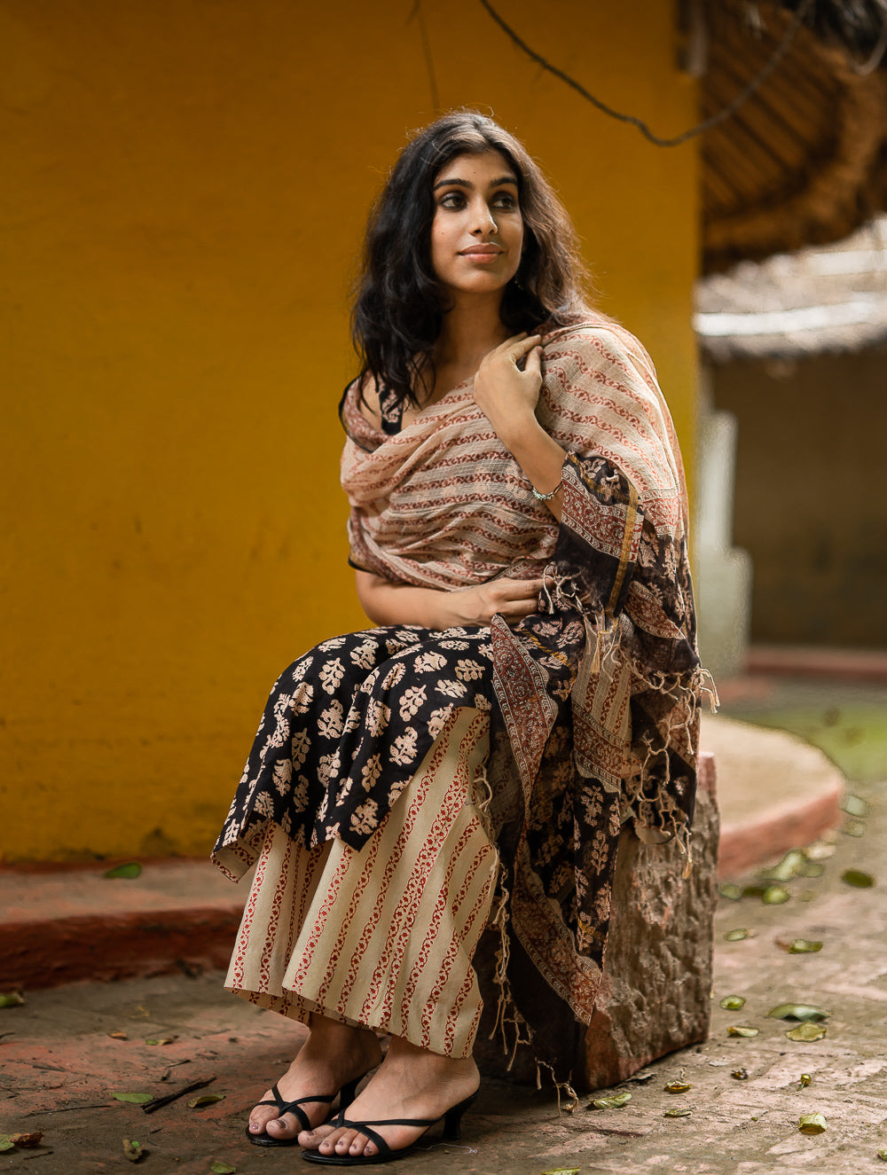 The Work Edit. Bagru Hand Block Printed Cotton Full Kurta Set - Black Floral (3 pc set)