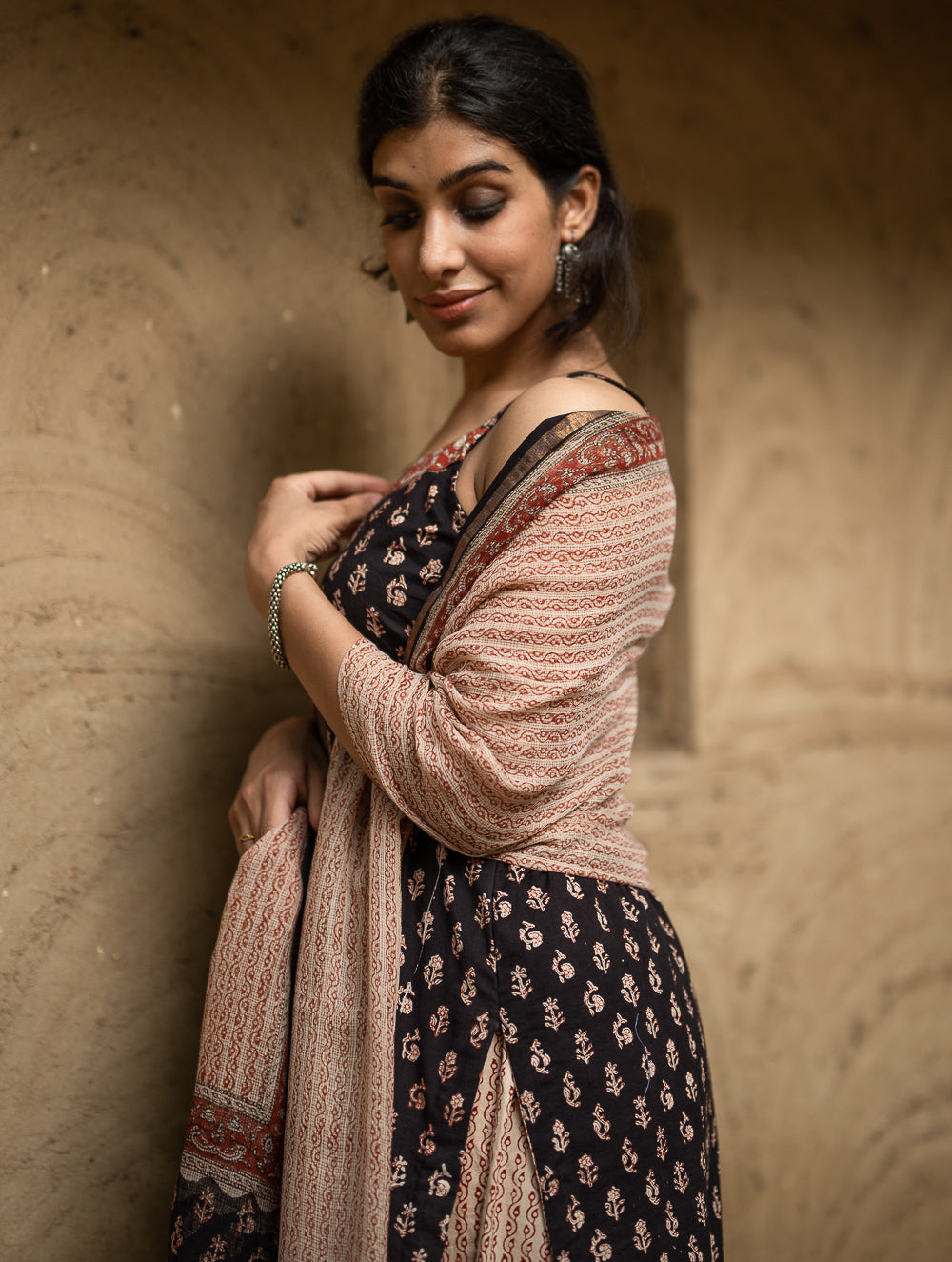 The Work Edit. Bagru Hand Block Printed Cotton Full Kurta Set - Black Florets (3 pc set)