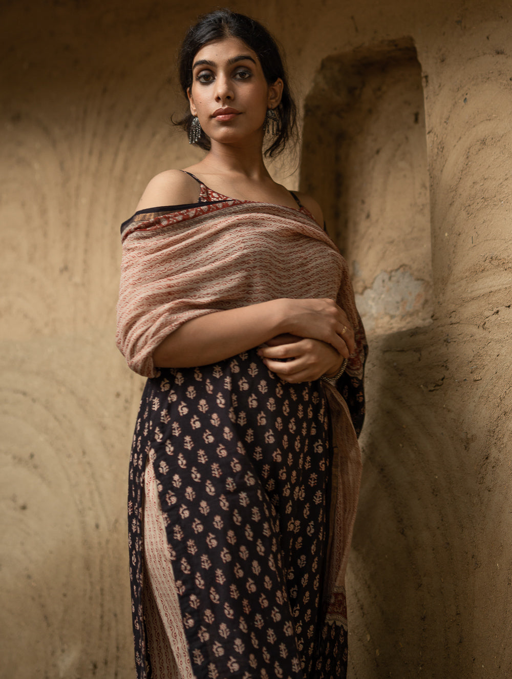 The Work Edit. Bagru Hand Block Printed Cotton Full Kurta Set - Black Florets (3 pc set)