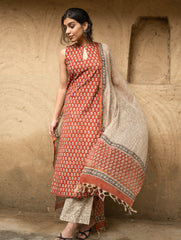 The Work Edit. Bagru Hand Block Printed Cotton Full Kurta Set - Brick Florets (3 pc set)