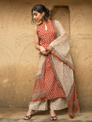 The Work Edit. Bagru Hand Block Printed Cotton Full Kurta Set - Brick Florets (3 pc set)