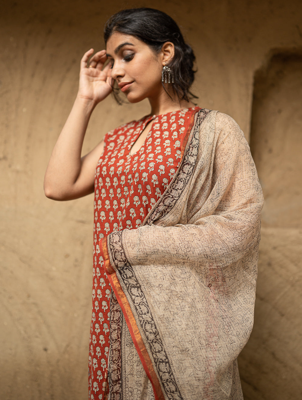 The Work Edit. Bagru Hand Block Printed Cotton Full Kurta Set - Brick Florets (3 pc set)