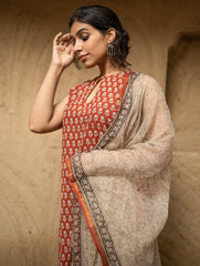 The Work Edit. Bagru Hand Block Printed Cotton Full Kurta Set - Brick Florets (3 pc set)