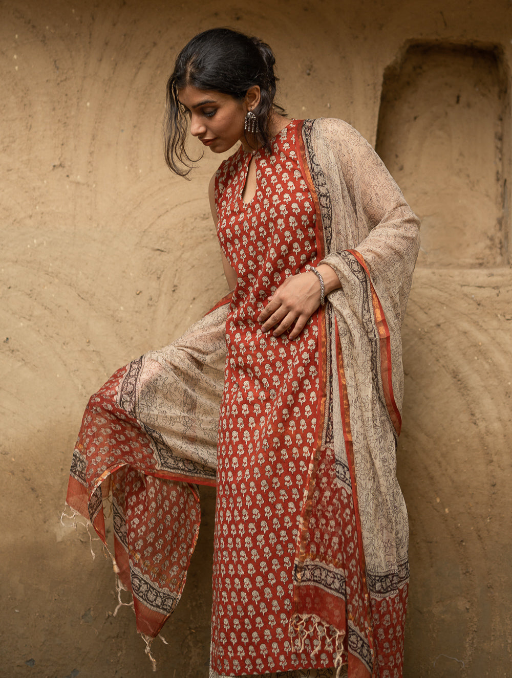 The Work Edit. Bagru Hand Block Printed Cotton Full Kurta Set - Brick Florets (3 pc set)