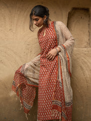 The Work Edit. Bagru Hand Block Printed Cotton Full Kurta Set - Brick Florets (3 pc set)