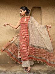 The Work Edit. Bagru Hand Block Printed Cotton Full Kurta Set - Brick Florets (3 pc set)
