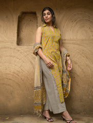 The Work Edit. Bagru Hand Block Printed Cotton Full Kurta Set - Mustard Florets (3 pc set)