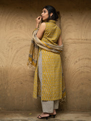 The Work Edit. Bagru Hand Block Printed Cotton Full Kurta Set - Mustard Florets (3 pc set)