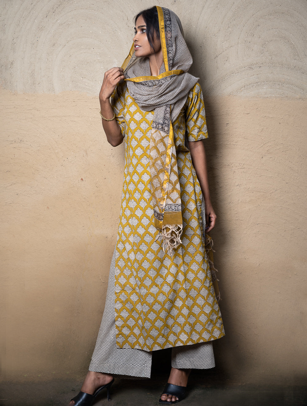 The Work Edit. Bagru Hand Block Printed Cotton Full Kurta Set - Mustard Ornate (3 pc set)