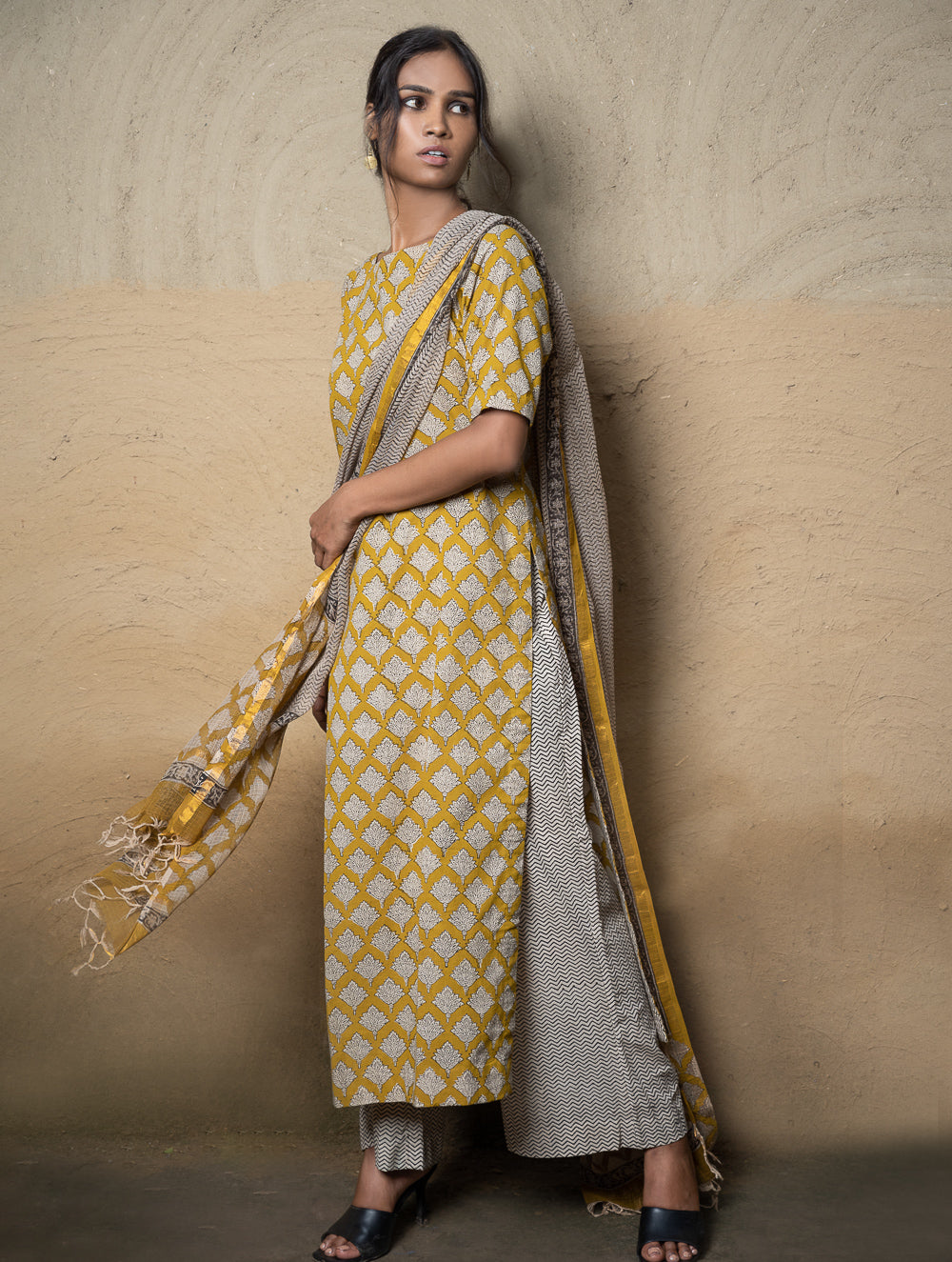 The Work Edit. Bagru Hand Block Printed Cotton Full Kurta Set - Mustard Ornate (3 pc set)
