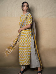 The Work Edit. Bagru Hand Block Printed Cotton Full Kurta Set - Mustard Ornate (3 pc set)
