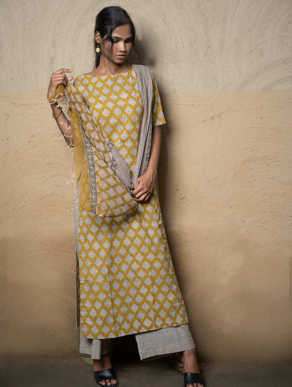 The Work Edit. Bagru Hand Block Printed Cotton Full Kurta Set - Mustard Ornate (3 pc set)