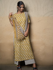 The Work Edit. Bagru Hand Block Printed Cotton Full Kurta Set - Mustard Ornate (3 pc set)