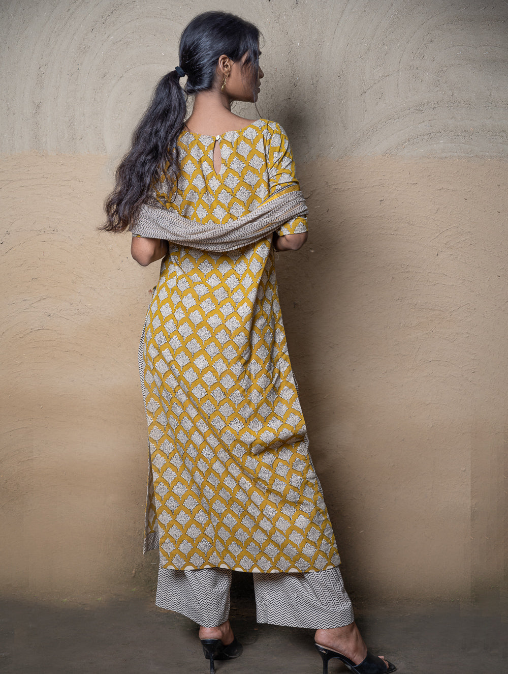 The Work Edit. Bagru Hand Block Printed Cotton Full Kurta Set - Mustard Ornate (3 pc set)