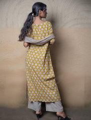 The Work Edit. Bagru Hand Block Printed Cotton Full Kurta Set - Mustard Ornate (3 pc set)