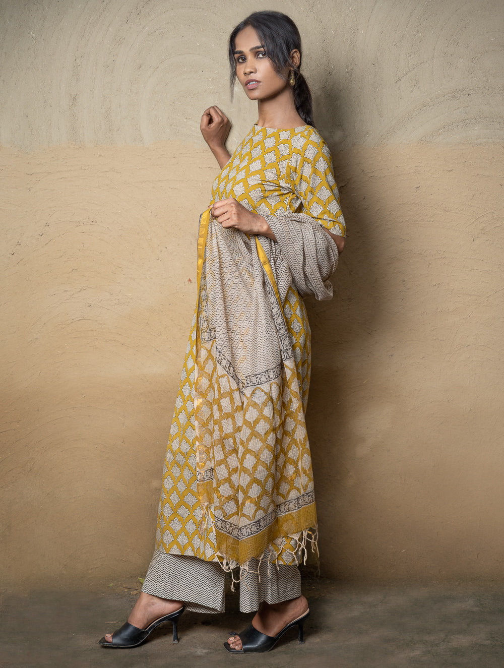 The Work Edit. Bagru Hand Block Printed Cotton Full Kurta Set - Mustard Ornate (3 pc set)