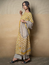 The Work Edit. Bagru Hand Block Printed Cotton Full Kurta Set - Mustard Ornate (3 pc set)