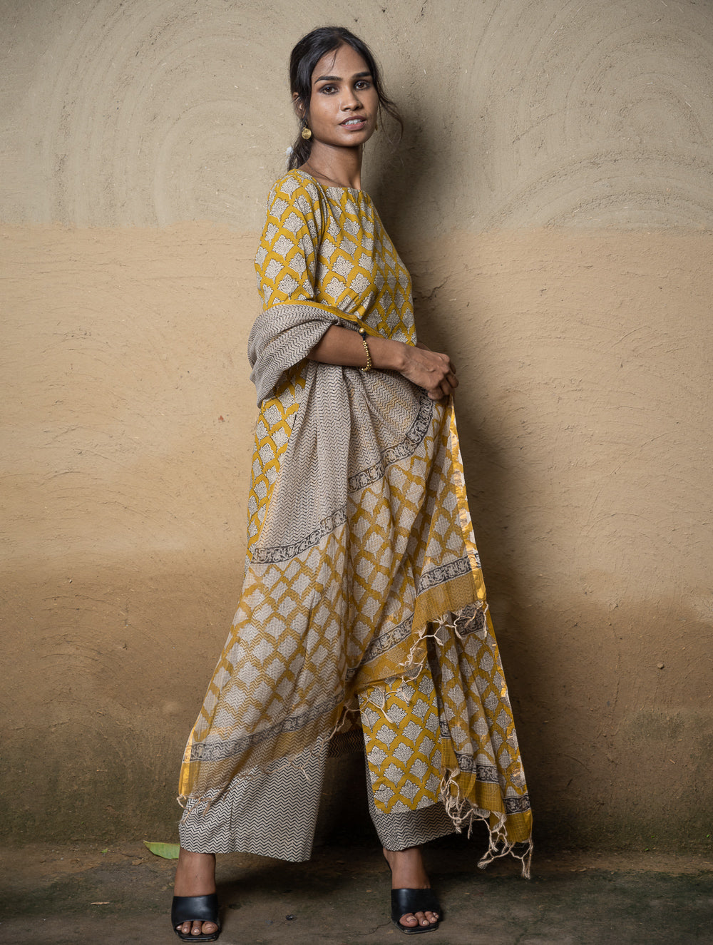 The Work Edit. Bagru Hand Block Printed Cotton Full Kurta Set - Mustard Ornate (3 pc set)
