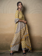 The Work Edit. Bagru Hand Block Printed Cotton Full Kurta Set - Mustard Ornate (3 pc set)
