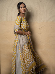 The Work Edit. Bagru Hand Block Printed Cotton Full Kurta Set - Mustard Ornate (3 pc set)