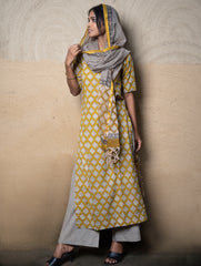 The Work Edit. Bagru Hand Block Printed Cotton Full Kurta Set - Mustard Ornate (3 pc set)
