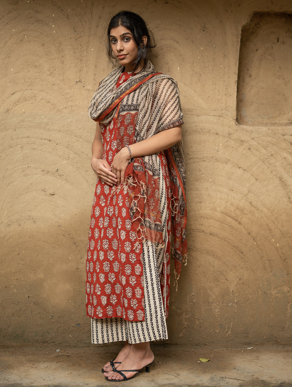 The Work Edit. Bagru Hand Block Printed Cotton Full Kurta Set - Red Flora (3 pc set)