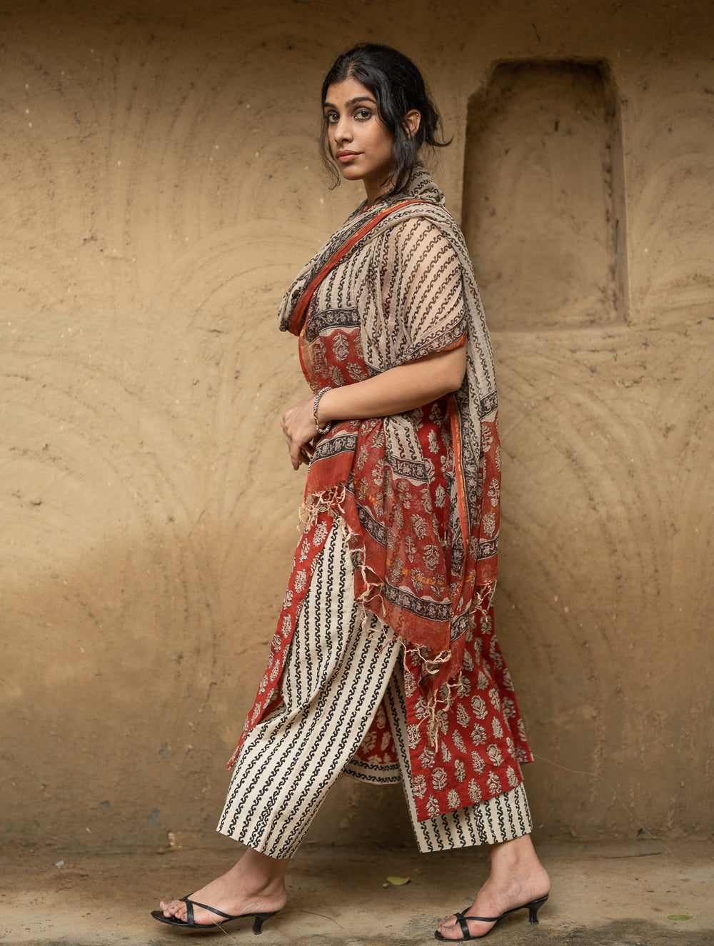 The Work Edit. Bagru Hand Block Printed Cotton Full Kurta Set - Red Flora (3 pc set)