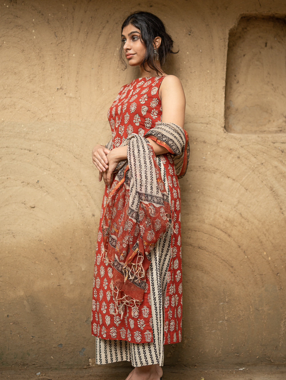 The Work Edit. Bagru Hand Block Printed Cotton Full Kurta Set - Red Flora (3 pc set)