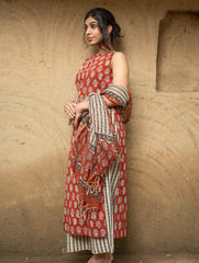 The Work Edit. Bagru Hand Block Printed Cotton Full Kurta Set - Red Flora (3 pc set)