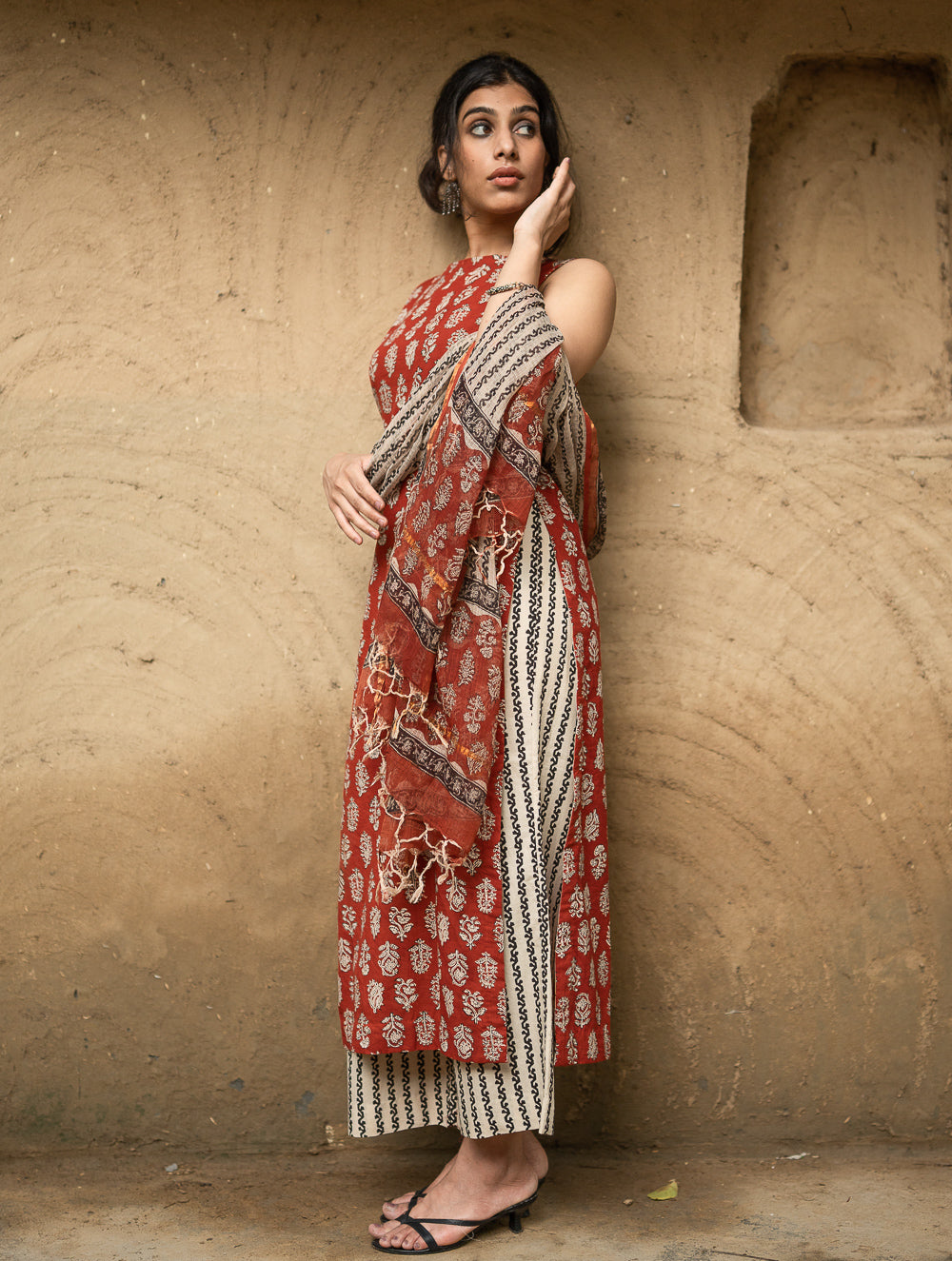 The Work Edit. Bagru Hand Block Printed Cotton Full Kurta Set - Red Flora (3 pc set)