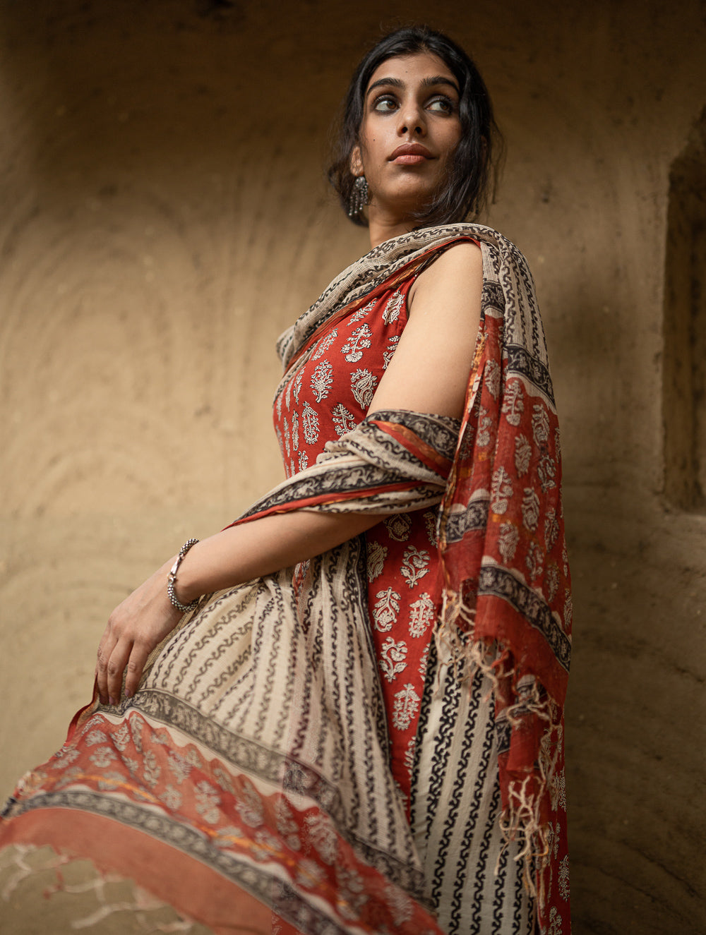 The Work Edit. Bagru Hand Block Printed Cotton Full Kurta Set - Red Flora (3 pc set)