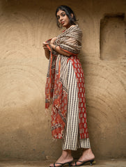 The Work Edit. Bagru Hand Block Printed Cotton Full Kurta Set - Red Flora (3 pc set)