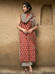 The Work Edit. Bagru Hand Block Printed Cotton Full Kurta Set - Red Flora (3 pc set)