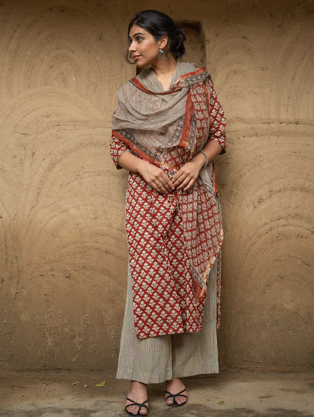 The Work Edit. Bagru Hand Block Printed Cotton Full Kurta Set - Red Floral (3 pc set)