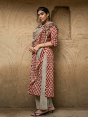 The Work Edit. Bagru Hand Block Printed Cotton Full Kurta Set - Red Floral (3 pc set)