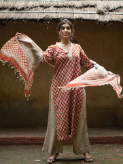 The Work Edit. Bagru Hand Block Printed Cotton Full Kurta Set - Red Floral (3 pc set)