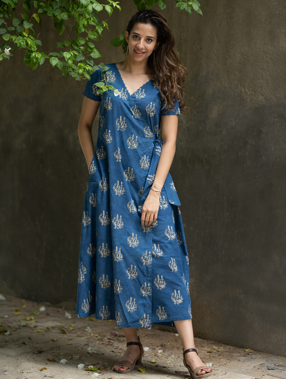 The Work Edit. Bagru Hand Block Printed Cotton Wrap Dress - Blue Flora
