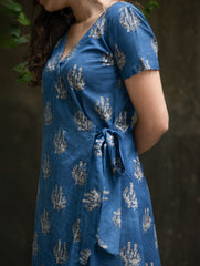 The Work Edit. Bagru Hand Block Printed Cotton Wrap Dress - Blue Flora