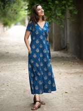 The Work Edit. Bagru Hand Block Printed Cotton Wrap Dress - Blue Flora