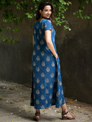 The Work Edit. Bagru Hand Block Printed Cotton Wrap Dress - Blue Flora