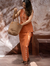 The Work Edit. Handwoven Kashida Pattu Cotton Wrap Skirt & Top Set -Terracotta Wrap (Set of 2)