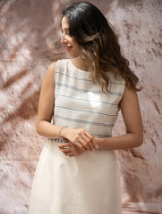 The Work Edit. Handwoven Kashida Pattu Straight Dress - Ivory & Blue Stripes