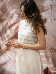 The Work Edit. Handwoven Kashida Pattu Straight Dress - Ivory & Blue Stripes