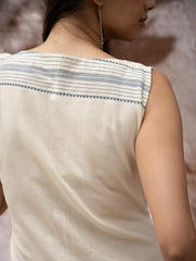 The Work Edit. Handwoven Kashida Pattu Straight Dress - Ivory & Blue Stripes