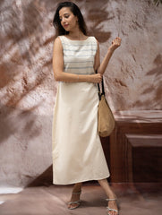 The Work Edit. Handwoven Kashida Pattu Straight Dress - Ivory & Blue Stripes