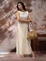 The Work Edit. Handwoven Kashida Pattu Straight Dress - Ivory & Blue Stripes