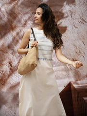 The Work Edit. Handwoven Kashida Pattu Straight Dress - Ivory & Blue Stripes